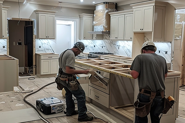Two construction workers measuring a kitchen island in an unfinished kitchen.