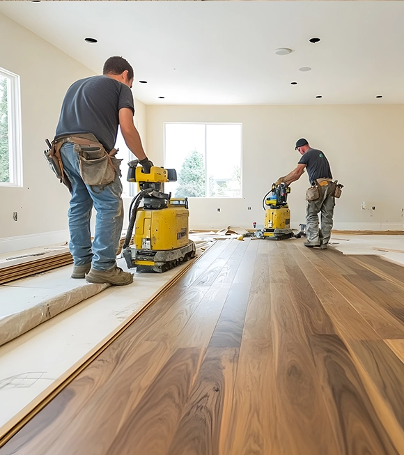 Workers installing hardwood flooring in a bright, unfurnished room.