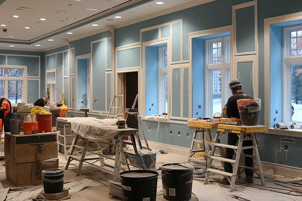 Room under construction with workers, ladders, and blue walls.