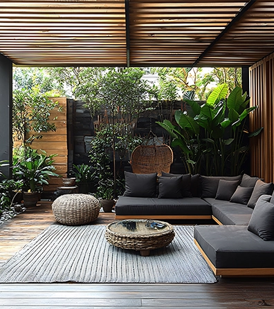 Modern outdoor patio with wooden decking, sectional sofa, and lush green plants.