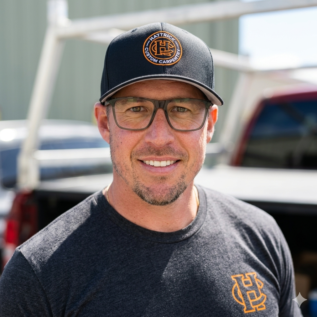 Man wearing glasses and black cap with carpentry logo.