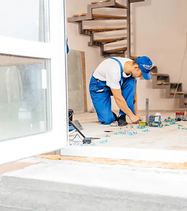 Worker in blue overalls installing flooring inside a modern home.